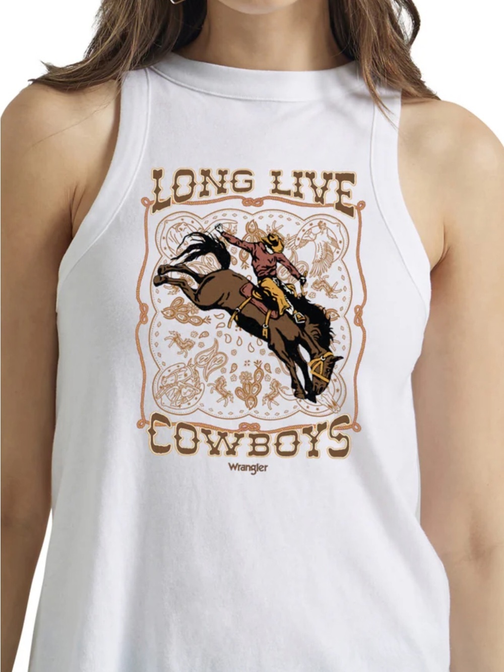 Wrangler White Graphic Rodeo Tank with Brown and Black Print Long Live Cowboys L